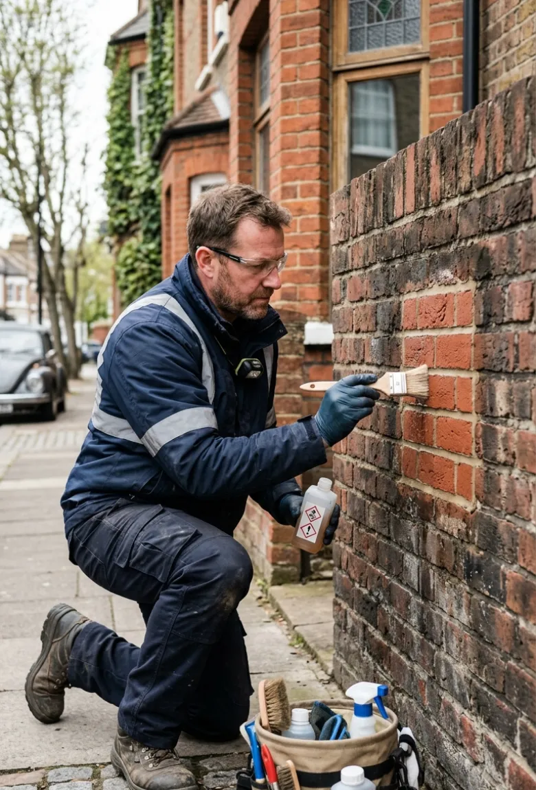 Brick Cleaning Specialist Conducting Small Test Patch