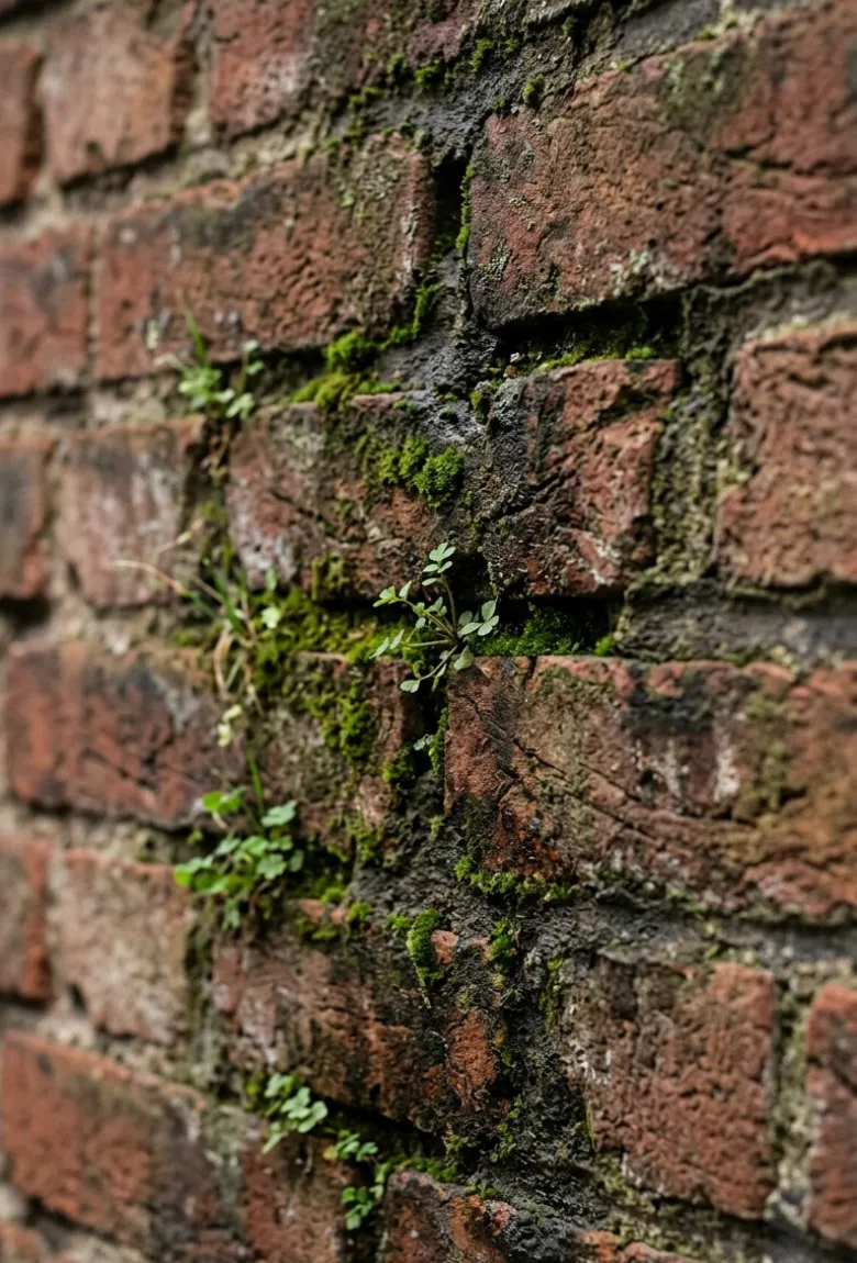 Moss and Plant Growth in Exterior Brick Wall