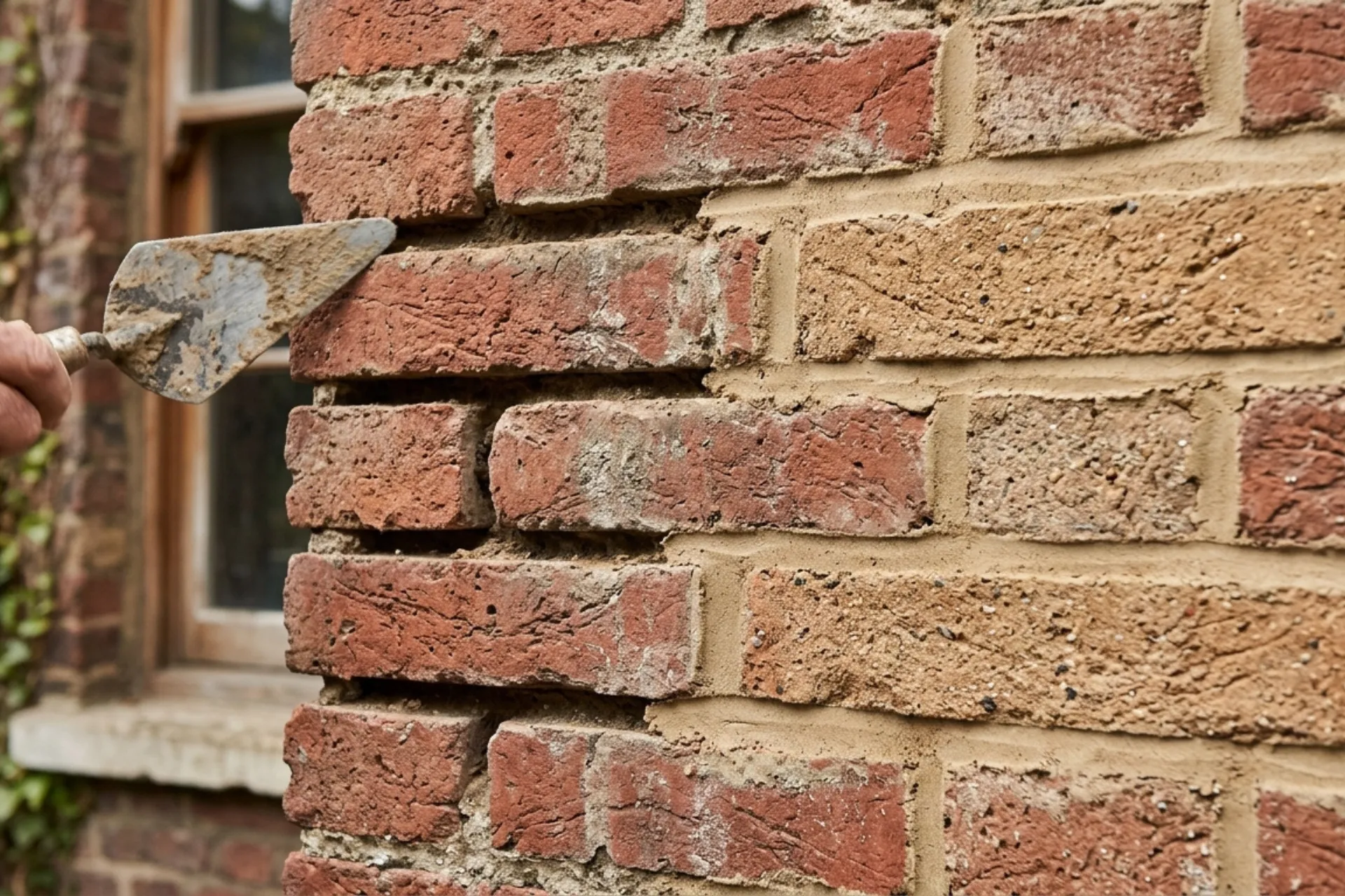 Old mortar raked out of brick joints ready for repointing